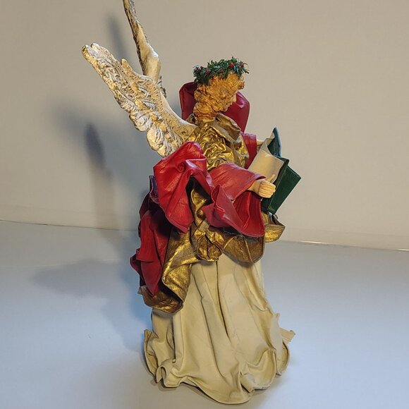 Antique Angel Figurine With Wings Holding Green Scroll & Red Ribbon Accents - Picture 8 of 16